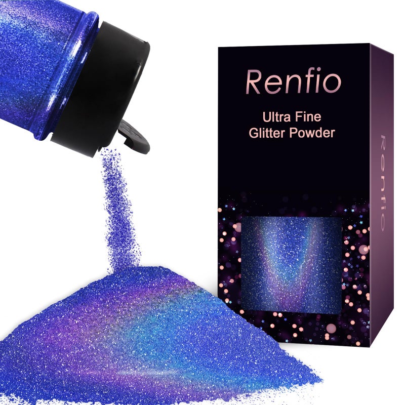 Renfio غبار ثلاثي الأبعاد من رينفيو، بريق أزرق مجسم، بريق غبار ماسي 1/360 بوصة للحرف اليدوية، 1.94 أونصة/55 جم بريق ناعم للراتنج المصقول على قوالب الراتنج، كوب، سلايم، بريق الورود - أزرق محيطي - Image 1